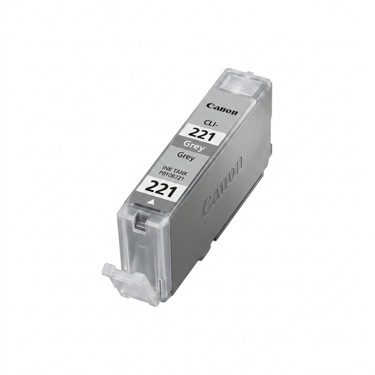 A high-resolution, centered photograph of a single Canon CLI-221 grey ink tank against a pure white background with a subtle, soft shadow.