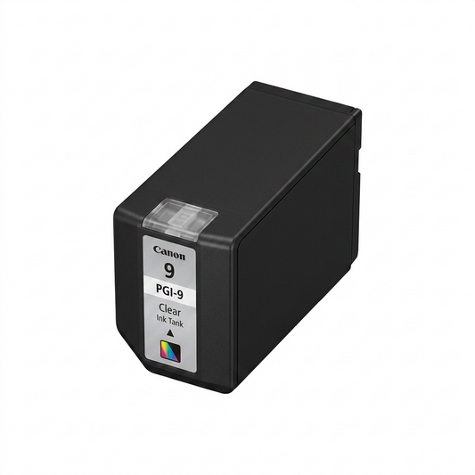 A high-resolution photograph of a Canon PGI-9 Clear Ink Tank on a white background.