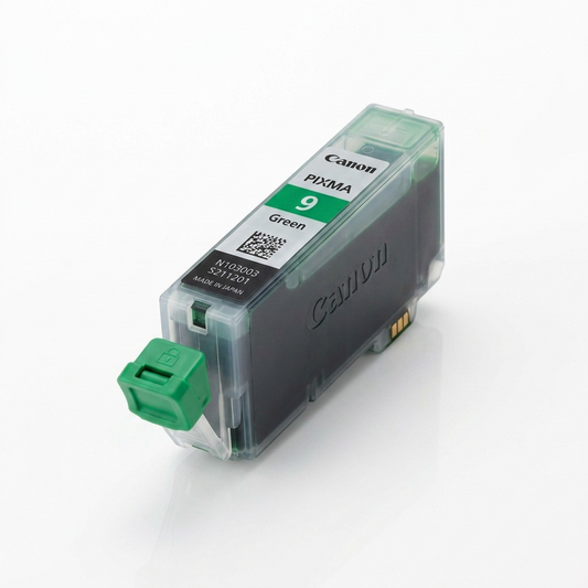 A high-resolution, centered photograph of the green Canon PGI-9 ink tank from image_0.png, with its distinctive clear nozzle and green cap, against a pure white, seamlessly lit background.