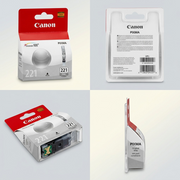 A clean ecommerce grid matrix showing the single Canon CLI-221 Grey Ink tank from its original front view (top-left) and three additional accurate angles (top-right, bottom-left, bottom-right).