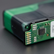 Macro detail of Canon PGI-9 Green ink tank nozzle and IC chip on an open print head, close-up view.