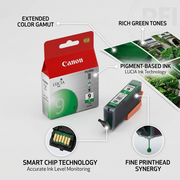 Operational feature callout graphic for Canon PGI-9 Green Ink Tank with benefits and tech diagrams.