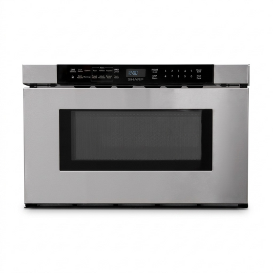 High-resolution, front-facing product shot of the SHARP SMD2443JSC stainless steel built-in microwave drawer on a pure white background.