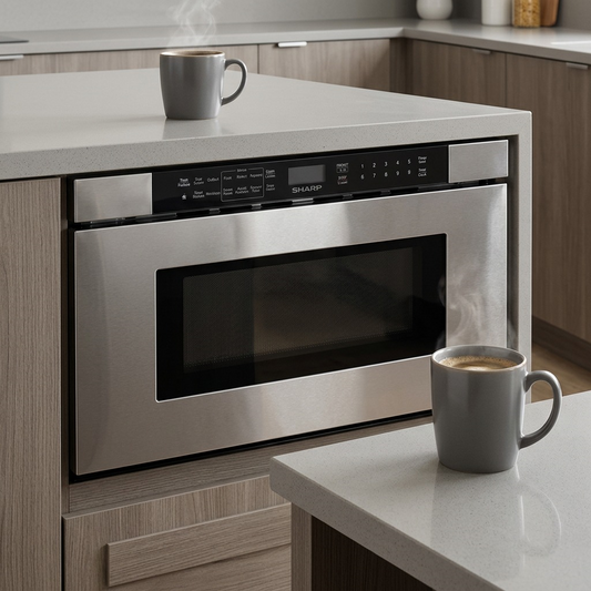A side-by-side comparison image: the SHARP SMD2443JSC microwave drawer next to a standard 12 oz ceramic coffee mug.