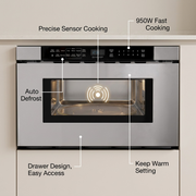Built-In Microwave Drawer feature callout graphic detailing 950W, Sensor Cooking, Defrost.