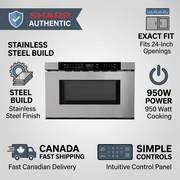 An infographic matrix for the Sharp SMD2443JSC, illustrating its features and Canada fast shipping details.