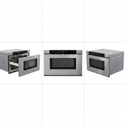 A premium ecommerce grid visual matrix of the SHARP SMD2443JSC Built-In Microwave Drawer, showcasing the canonical stainless steel unit from multiple useful angles, including front, slightly open drawer, and three-quarter view, all on a clean, light grey background.