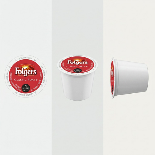 product definition grid showcasing top, angled, and side views of the Folgers Classic Roast K-Cup.