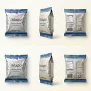 A visual matrix featuring the 2.5oz Adagio House Blend Light Roast Ground Coffee pouch from three different angles: front, side, and rear, with clear seals and branding.