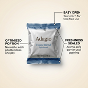 Feature callout graphic of the Adagio coffee pouch showing portion size, easy opening, and sealed freshness.