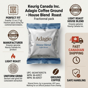 An authoritative product-trust infographic matrix for Adagio coffee. It centers image_0.png, with small icon-plus-copy cues emphasizing key features like fits-commercial-brewers, verified Keurig build quality, light roast profile, and fast Canadian shipping. The design avoids superlatives and focuses on factual information for professional B2B buyers.