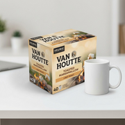 A 10-count box of Van Houtte Toasted Marshmallow coffee pods for Keurig, shown at true scale beside a standard ceramic mug.