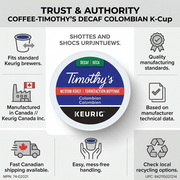 An ecommerce trust and authority infographic centered around Timothy's Decaf Colombian K-Cup pod with supporting factual icons.