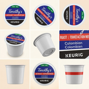 A premium 3x3 e-commerce grid showing the specific Timothy's Decaf Colombian K-Cup pod from nine different angles.