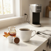 Lifestyle photo showing a white mug filled with black coffee in a neutral kitchen, with realistic texture.