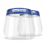 Two clear anti-fog face shields with blue "HD FACE SHIELD PROTECTION" headbands against a white background.