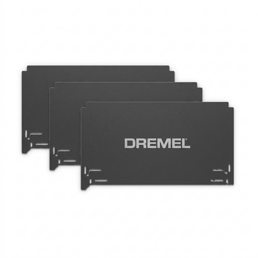 A high-resolution three-pack of dark gray Dremel 3D40-FLX build sheets.
