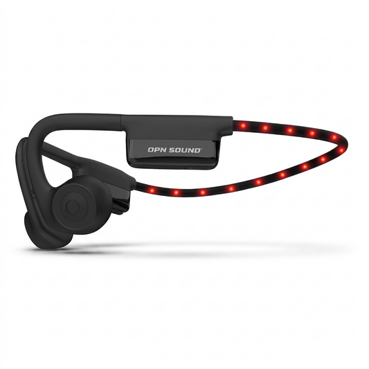 OPN Sound Dashlyte+ matte black open-ear headphones with red LED strip on white background.