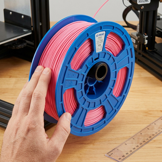 A life-size comparison of the 0.75kg pink PLA filament spool from 3PI Tech Solutions, Inc next to a human hand on a wooden desk.
