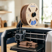 Action shot of Matte Brown PLA filament spool mounted on a 3D printer, printing a detailed architectural model.
