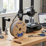 Silver-grey 3D printer filament spool and other supplies in a well-lit home office/workshop environment.