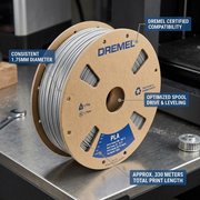 An infographic callout image displaying key operational features of the 3PI Tech Solutions Dremel PLA filament spool. Clean pointer lines on a professional background highlight benefits like 'Accurate 1.75mm diameter' for reliable printing and '0.75kg durable PLA' for substantial model production, emphasizing consistent performance and eco-friendly packaging. (98 characters)