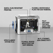 A product feature graphic showcasing the Dremel DigiLab 3D40-FLX 3D printer with key operational highlights.