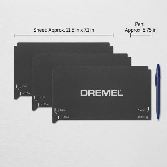 A realistic scale comparison showing a standard credit card sized Dremel 3D40-FLX build plate with the Dremel logo next to a ballpoint pen.