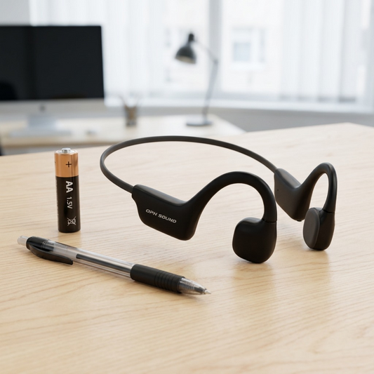 An OS1000BC bone conduction headphone sits naturally on a light wooden desk, positioned adjacent to a standard AA alkaline battery to provide a clear and undeniable sense of its true scale.