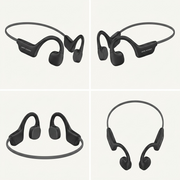 Four views of black OPN SOUND bone conduction headphones arranged in a 2x2 grid.