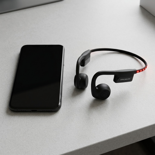 OPN Sound Dashlyte+ headphones (OS4500BL) and a black sports watch on a white desk, showing size.