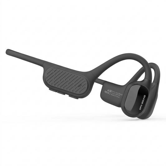 High-resolution hero shot of the dark gray OPN Sound Swym+ bone conduction headphones on a pure white background.