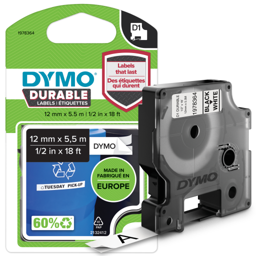 Ruban D1 durable DYMO LabelManager — impression noire sur blanc, 1/2 po x 18 pi, 1 cartouche