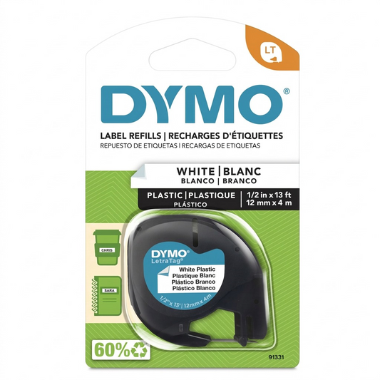 High-resolution hero shot of the DYMO 91331 LetraTag plastic label maker cassette refill, with sharp detail and realistic lighting on a pure white background.