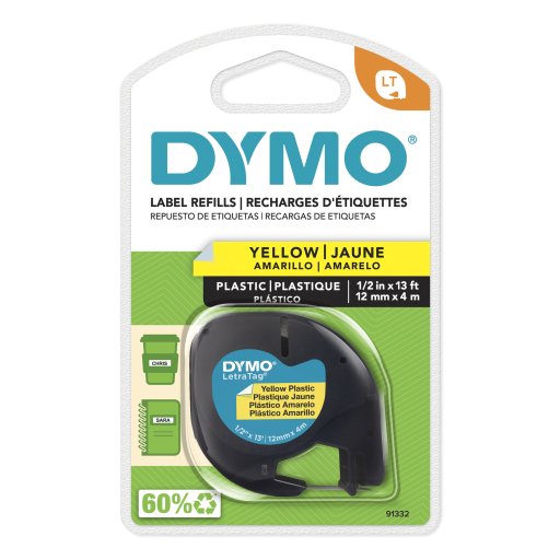 Ruban DYMO LetraTag — impression noire sur jaune, 1/2 po x 13 pi
