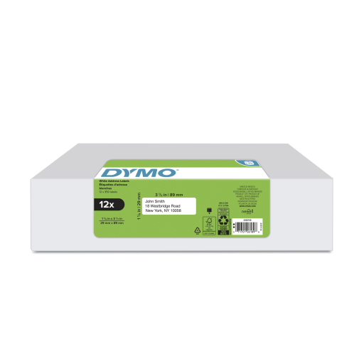 Étiquettes d’adresse DYMO LabelWriter — blanc, 1-1/8 po x 3-1/2 po, 12 rouleaux de 350, (4200 au total)