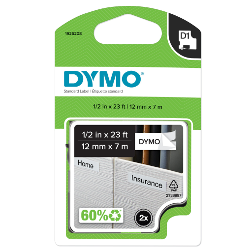 Ruban D1 DYMO LabelManager — impression noire sur blanc, 1/2 po x 23 pi, 2 paquets