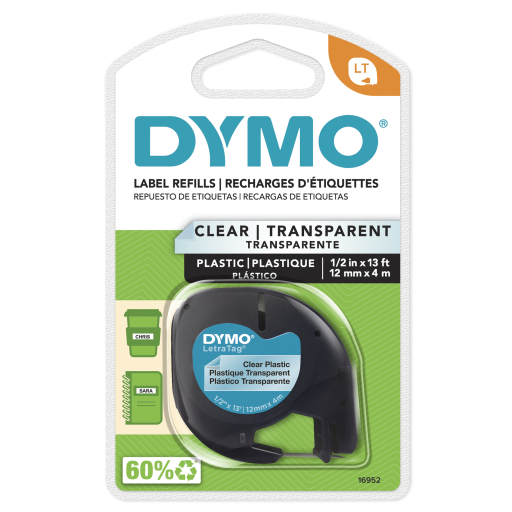 Ruban DYMO LetraTag — impression noire sur transparent, 1/2 po x 13 pi