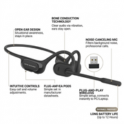 A product feature diagram of the OPN Sound wireless bone conduction headset with the included USB dongle and microphone boom. Text callouts highlight key functions: Open-Ear Design, Situational awareness; Bone Conduction Technology, Clear audio via vibration; Noise-Canceling Mic, Professional calls; Intuitive Controls, Volume and call adjustments; Plug-and-Play Wireless, for PC connections; and Long Battery Life, up to 12 hours. A side panel indicates fast Canadian shipping.