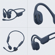 2x2 grid showing OPN Sound Swym+ Open Sound headphones from front, side, and component angles on a grey grid.