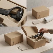 A photorealistic unboxing sequence shows the OPN Sound Swym+ in neutral protective shipping packaging.