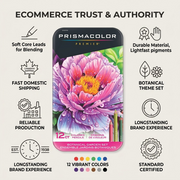 An ecommerce infographic displaying the Prismacolor Botanical Garden set with confidence cues like Canadian shipping and specific feature icons.