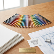 Precise close-up of individual Prismacolor Verithin hard thin lead colored pencils fanned on a wooden desk.