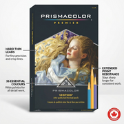 A polished feature graphic for 36 Prismacolor Premier Verithin Pencils, highlighting hard leads and fine points for detail.