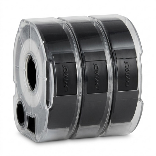 A premium high-resolution ecommerce hero shot of a 3-pack of DYMO black embossing tape cartridges against a pure white background.