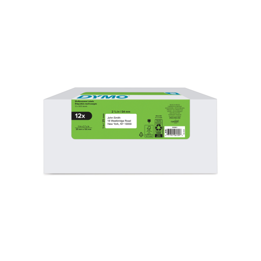 Étiquettes polyvalentes DYMO LabelWriter — blanc, 1 po x 2-1/8 po, 12 rouleaux de 500, (6000 au total)