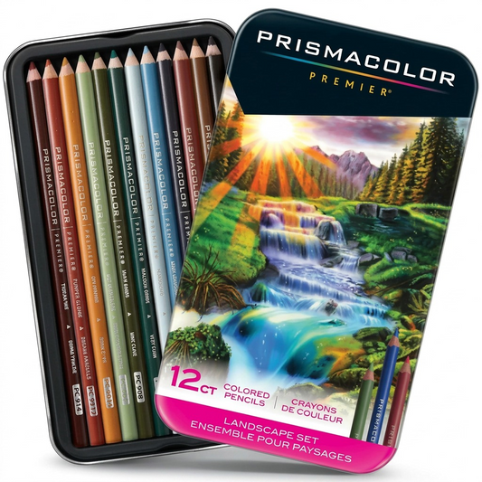 High-resolution hero shot of the Prismacolor Premier 12-count Landscape colored pencils set in its open tin, featuring a detailed waterfall illustration.