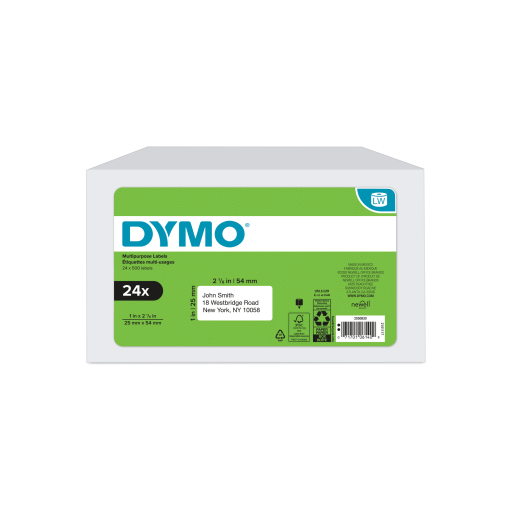 Étiquettes polyvalentes DYMO LabelWriter — blanc, 1 po x 2-1/8 po, 24 rouleaux de 500, (12000 au total)