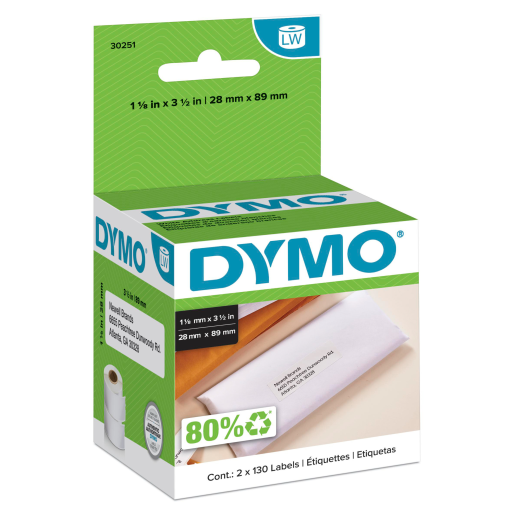 Étiquettes d’adresse DYMO LabelWriter — blanc, 1-1/8 po x 3-1/2 po, 2 rouleaux de 130, (260 au total)