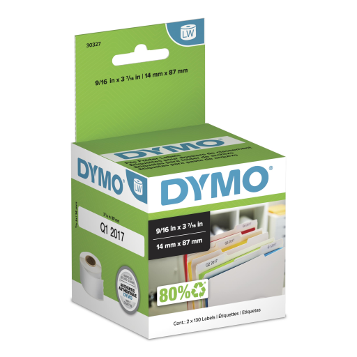 Étiquettes pour dossiers DYMO LabelWriter — blanc, 9/16 po x 3-7/16 po, 2 rouleaux de 130, (260 au total)